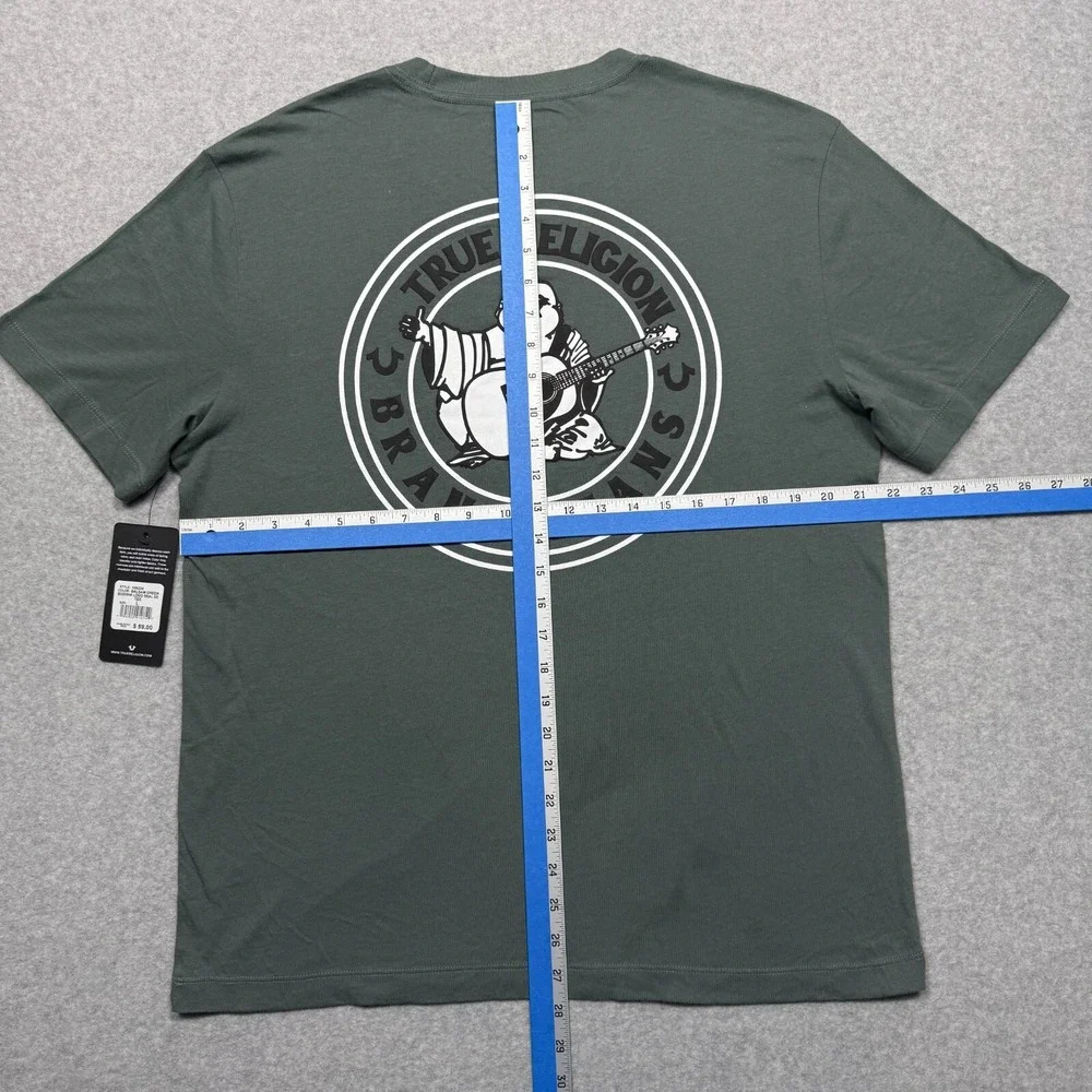 True Religion Shirt Mens Large Green Buddha Logo Seal Short Sleeve Tee *